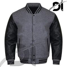 Trendy Fashion Varsity Dk Grey Letterman Baseball Wool & Black Real Leather Sleeves Jacket, Mens Coats Jackets Vests Leather Sleeve Jacket, Leather Sleeves, Men's Coats & Jackets, Leather Sleeve, Jacket Style, Mens Coats, Real Leather, Travel Size Products, Vest Jacket