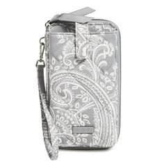 a gray and white paisley print wallet with a lanyard tie on the front pocket