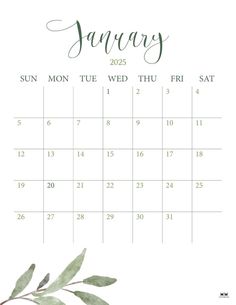 the january calendar with watercolor leaves on it