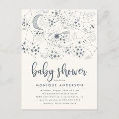 the baby shower is shown with stars and moon in blue ink on white marble paper