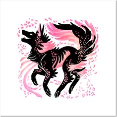 a drawing of a horse with pink and black feathers on it's back legs