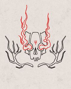 a drawing of a skull with red flames coming out of it's eyes and hands