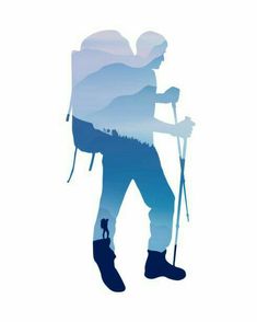 the silhouette of a hiker with backpack and hiking poles