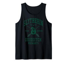 a black tank top with green lettering on the front and side, says slyferin