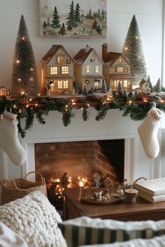 a living room decorated for christmas with stockings on the mantel and lit houses in the fireplace