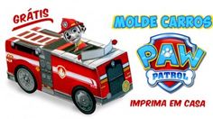 a cartoon fire truck with a dog in it's seat and the caption reads, molde carros paw patrol imprimia em casca