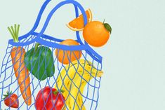 a painting of fruits and vegetables in a blue shopping bag hanging from a wire net