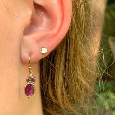 Burgandy Rhodolite garnets are set in 14k yellow gold with petite rhodolites, rosecut amethysts and pink sapphires. Hanging from solid gold handmade earring hooks. Each earring hangs approx 25mm from earlobe Approx total CW: 2.6cts Mohs Stone Hardness: 6.5-7 This one of a kind piece is handmade with love in Emily's Hudson Valley studio. If you have questions about sizing, shipping or need help deciding please reach out to us! Earring Inspo, Handmade Earring, Garnet Earrings, Rhodolite Garnet, Earring Hooks, Hudson Valley, Pink Sapphire, Handmade Earrings, Garnet