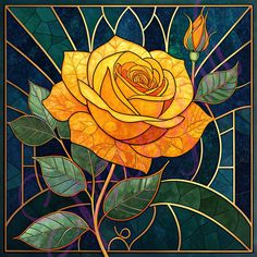 a stained glass window with a yellow rose on it