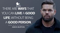 a man with a beard wearing a black jacket and looking at the camera, with a quote from amos burton