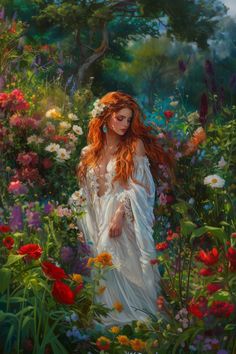 a painting of a woman with long red hair in a field of flowers and trees