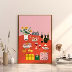 there is a poster on the wall with food and drinks in it, next to some vases