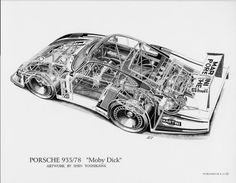 a drawing of a car with its hood open and the engine exposed to it's side