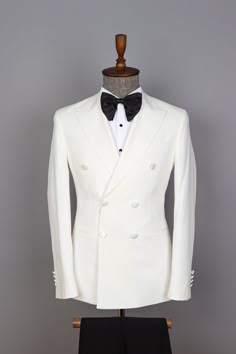 "*Off White Men Tuxedo - Groom Suit *Fabric: 100%Wool Thick, Warm, Comfortable, Breathable, Softer, Wool Feeling *Center Six Button Blazer and Zipper Fly Pants *Slim Fit, 9 Cm Peak Lapel, 5 Cm Inclined Ticket Pocket *Double Vent On The Behind Of The Jacket *This Suit Has A 6\" Drop Which Is The Difference Between The Size Of The Jacket & Pants. For Example, A 40r Jacket Includes A 34W Pant *Dry Clean Only *Available Eu Sizes: 48-50-52-54-56-58 *Available Us Sizes: 38-40-42-44-46-48 *Important No Double Breasted White Tuxedo, Winter Wedding Suit, White Suit Men, Groom Suit White, Ball Suits, White Blazer Men, White Tuxedo Wedding, Tuxedo Groom, Groom Suit Black