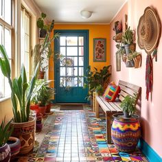 a colorful hallway with potted plants on either side and a bench in the middle