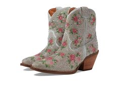 Dingo Rhinestone Cowgirl Leather Bootie - Women's Shoes : Multi : Elevate the style statment wearing the classy Dingo Rhinestone Cowgirl Leather Bootie with your most stylish attires. The boots for women feature a leather upper, feabric lining, squared toe, pull straps, block heel, and a comfortable cushioned insole. The curved top design and rhinestone detailing allover the upper give these booties a updated contemporary style and the pull-on style closure ensures easy on and off. Leather midsole. Rubber outsole. Imported. Measurements: Heel Height: 4 in Weight: 5 lbs Circumference: 12 in Shaft: 8 in Product measurements were taken using size 6, width B - Medium. Please note that measurements may vary by size. Leather Rhinestone Boots With Round Toe, Western Spring Boots With Rhinestone Rivets, Western Leather Embellished Boots, Corral Glitter Inlay Boots, Glamorous Crystal-embellished Spring Boots, Rhinestone Cowgirl, Roper Boots, Boots For Women, Top Design