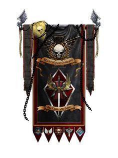 an image of a banner with skulls and swords on the front, attached to chains