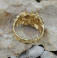 "This is the perfect option for those who like cool, unique jewelry and the luxury, shine of yellow. This ring is well made, cute and/or elegant in design, and very desirable. Vintage Men's Nugget-Style Ring in 14K Yellow Gold. The faux nuggets on the top of the ring are polished and textured. The fluted columns on the shoulders are polished, as is the back of the shank. (Notice that these are not real gold nuggets, but still 14K gold in the shape of gold nuggets....thus \"nugget-style\" ring.) Yellow Gold Nugget Signet Ring, Yellow Gold Nugget Signet Ring Gift, Art Deco Jewelry Vintage, Fluted Columns, Gold Nugget, Mens Ring, Gold Yellow, Real Gold, Gold Bands