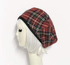 Oversized beret hat vintage light weight soft tartan plaid wool, slouchy beret hat with with a 1/2" band lined rayon print with 1" soft elastic band inside. One size fits most up to a 22" Dry clean Made in USA Adjustable Plaid Hat For Fall, Oversized Beret, Beret Hat Bow, Plaid Beret, Slouchy Beret, Wool Berets, Black Chevron, Aesthetic Tattoo, Red Tartan