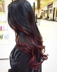 Balayage purple and black Burgandy Hair Underneath Brown, Subtle Red Balayage Black Hair, Black Hair Balayage Colorful, Purple Brunette Hair Balayage, Red Colour On Black Hair, Black To Burgundy Balayage, Black To Auburn Ombre, Black Hair With Wine Highlights, Black Hair With Burgundy Ends