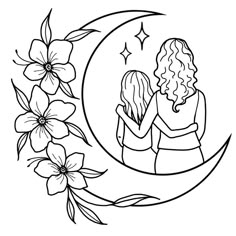 two people hugging on the moon with flowers