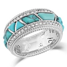 Fall in love with the stunning Montana Silversmiths� High Noon Cobblestone Ring. The beautiful shape and design lend a unique touch to any outfit. Accented with intricate roping and sparkling clear cubic zirconia crystals around the edges, this Montana Silversmiths women's ring features synthetic turquoise stones in a cobblestone design. Crafted from rhodium over a sterling silver base, the ring measures .38"W x .14"H. Mfrs. limited lifetime warranty. Manufacturer style #: RG5481TQ.  Intricate r Montana Silversmith Jewelry Turquoise, Montana Silversmith Jewelry Rings, Silver Western Rings, Montana Silversmith Jewelry, Silversmith Jewelry, Western Rings, Silversmith Jewellery, High Noon, Forged Knife