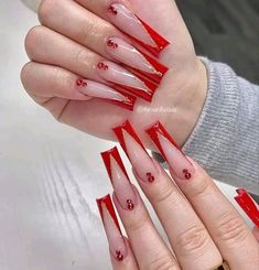 Red Cute Acrylic Nails, Red Nail Set Simple, Birthday Nails Red And White, White And Red Acrylics, Latina Acrylic Nails Red, Red French Tip Nails With Gems, Red V Tip Nails, Red V French Tip Nails, Red N White Nails