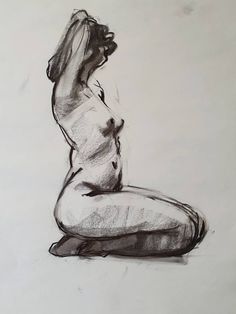 a black and white drawing of a nude woman sitting on the floor with her legs crossed