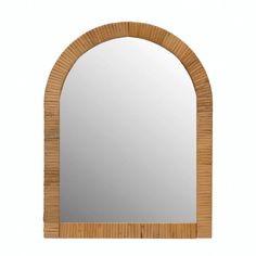 a mirror that is made out of wood and has an arched window on the side