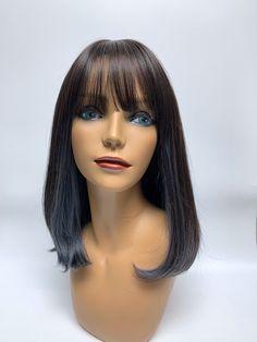 Highlights Blue Curly Synthetic Bangs Wig 16¡± Frontal Lace Free Highlights Blue, Bangs Wig, Styling Iron, Brown Highlights, Hair Density, Frontal Wig, Perm, Lace Frontal, Synthetic Fiber