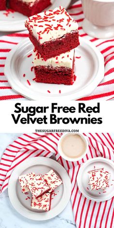 red velvet brownies with white frosting and sprinkles are on plates