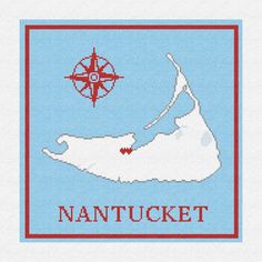 a cross stitch pattern with the name nantucket in red and white on a light blue background