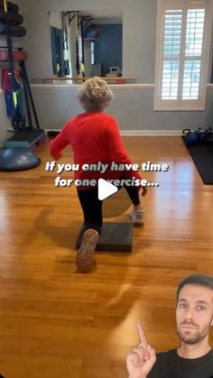 a man standing on top of a wooden floor in front of a tv screen with the caption if you only have time for one exercise