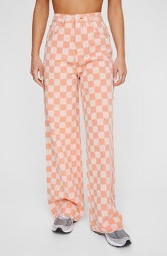 Made from sturdy cotton twill covered in a checkerboard print, these playful pants are designed with a high waist and baggy legs that pool at the hems. Exclusive retailer 32" inseam; 26" leg opening; 15" front rise; 18" back rise (size 14) Zip fly with button closure Five-pocket style 100% cotton Machine wash, line dry Imported Casual Gingham Wide Leg Bottoms, Casual Wide Leg Gingham Bottoms, Plaid Straight Pants For Summer, Summer Plaid Wide Leg Bottoms, Summer Plaid Wide-leg Bottoms, Summer Wide Leg Plaid Bottoms, Trendy Plaid Wide Leg Bottoms, Trendy Wide Leg Gingham Pants, Trendy Plaid Pants For Summer