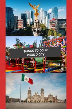 the mexico city skyline is shown in three different pictures, including an eagle and flag