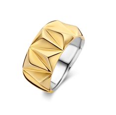 a yellow gold ring with an intricate design on the front and side, against a white background