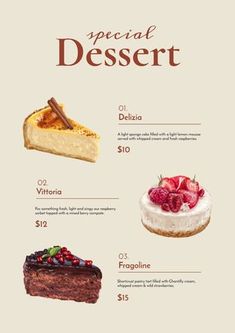 a poster with different types of desserts on it's sides and the words special dessert