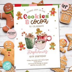 a cookie and cocoa birthday party with gingerbread cookies, hot chocolate, marshmallows