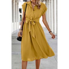 Yellow Button Lapel Pocket Midi Dress with Tie Yellow Buttoned Knee-length Dress, Yellow Knee-length Buttoned Dress, Solid Color Button-up Dress For Office, Summer Office Dresses With Button Closure, Yellow Knee-length Dress With Button Closure, Summer Office Midi Dress With Buttons, Solid Color Button Dress For Day Out, Solid Button Dresses For Day Out, Collared Yellow Dress For Work