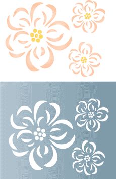 three flower stencils are shown in two different colors and one is white, the other has orange