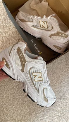 #newbalance530#newbalance530 #fashion #tiktok #coquette #dadshoes #nike #sneakerhead #sneakers N Balance Shoes, Gold New Balance, Pretty Sneakers, Fresh Shoes, Cute Sneakers