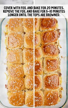 two pictures showing how to make homemade sliders in a baking dish with sesame seeds on top