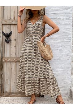 Printed V-Neck Tie Waist Midi Dress - Casual & Maxi Dresses - FITGGINS V-neck Midi Dress With Tie Waist For Vacation, Summer Midi V-neck Dress With Tie Waist, Chic V-neck Midi Dress With Tie Fastening, Summer V-neck Maxi Dress With Tie Fastening, Beige V-neck Sundress For Day Out, V-neck Sundress With Tie Waist For Vacation, V-neck Tie Waist Dress For Vacation, Casual Beige V-neck Sundress, V-neck Beach Dress With Tie Fastening