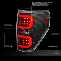 the taillights and tail lights of a car are shown in this diagram, with information about their features