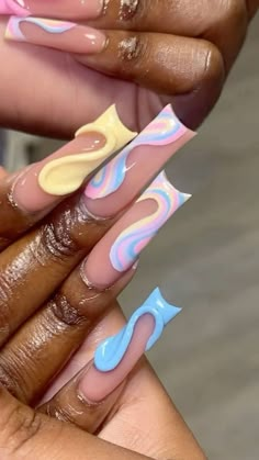 Klaws Nails, Pastel Color Nails, Yellow Wig, Purple Acrylic Nails, Long Acrylic Nail Designs, Wig Install, Colored Acrylic Nails, Colored Acrylic, French Tip Acrylic Nails