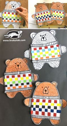 four pictures of teddy bears with different patterns on them