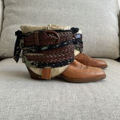 Only Worn Once! In Very Good Condition! These Boots Have A Reworked Style. Brown Woven Leather Boots, Brown Woven Leather Boots With Round Toe, Beige Bohemian Leather Boots, Bohemian Beige Leather Boots, Cow Boy Boots, Boy Boots, Shoes Luxury, Free People Shoes, Cow Boy