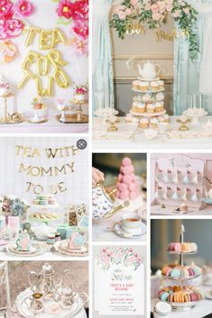 a collage of photos with pink and gold decorations