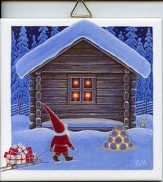 a painting of santa claus pulling his sleigh in front of a cabin