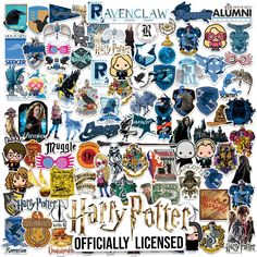 the harry potter sticker sheet is shown in various colors and sizes, including black, white